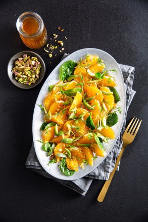 Grapefruit and green olive salad with honey vinaigrette